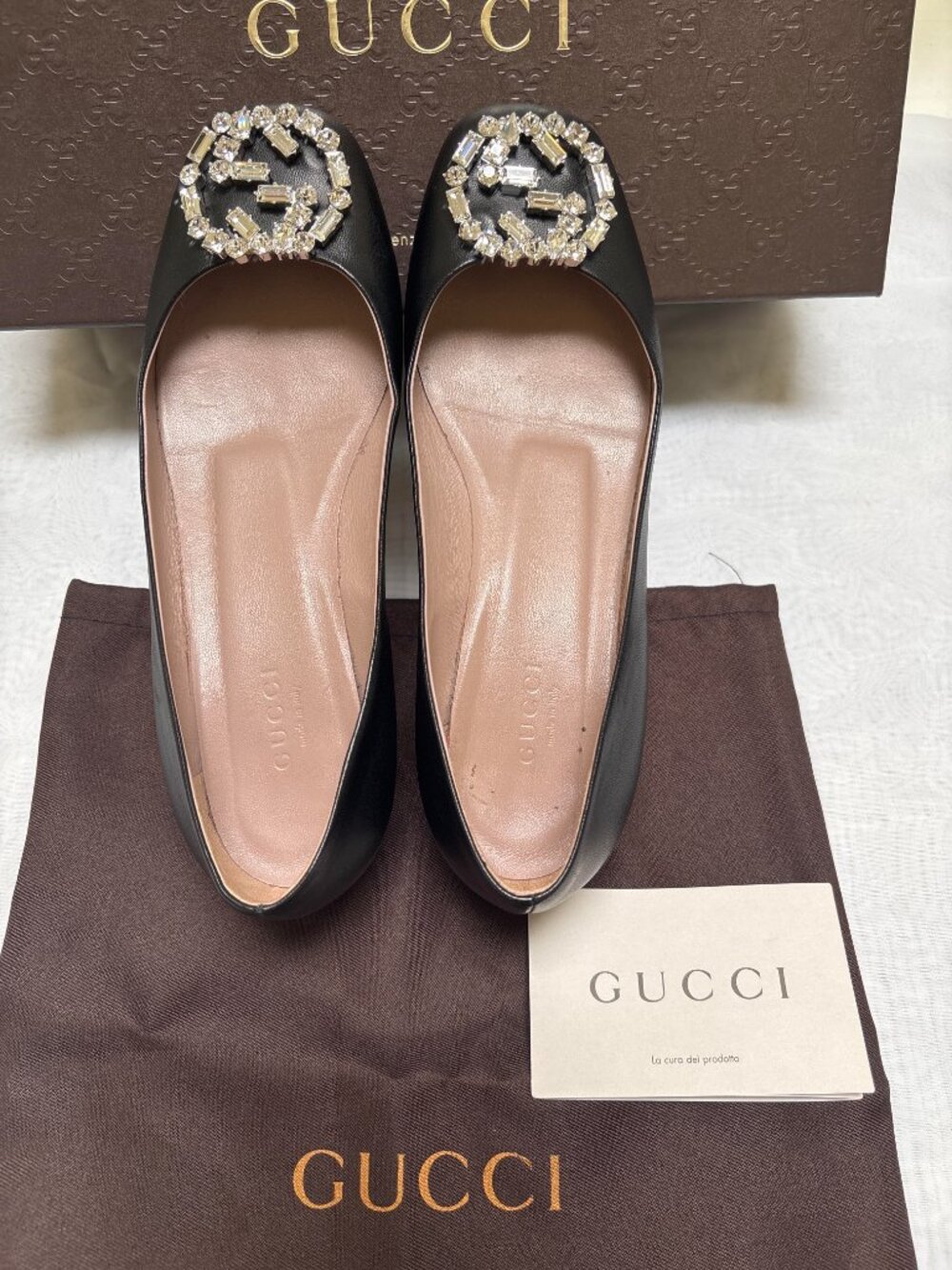Gucci - Black Leather Crystal Interlocking G Ballet Flats - Authentic